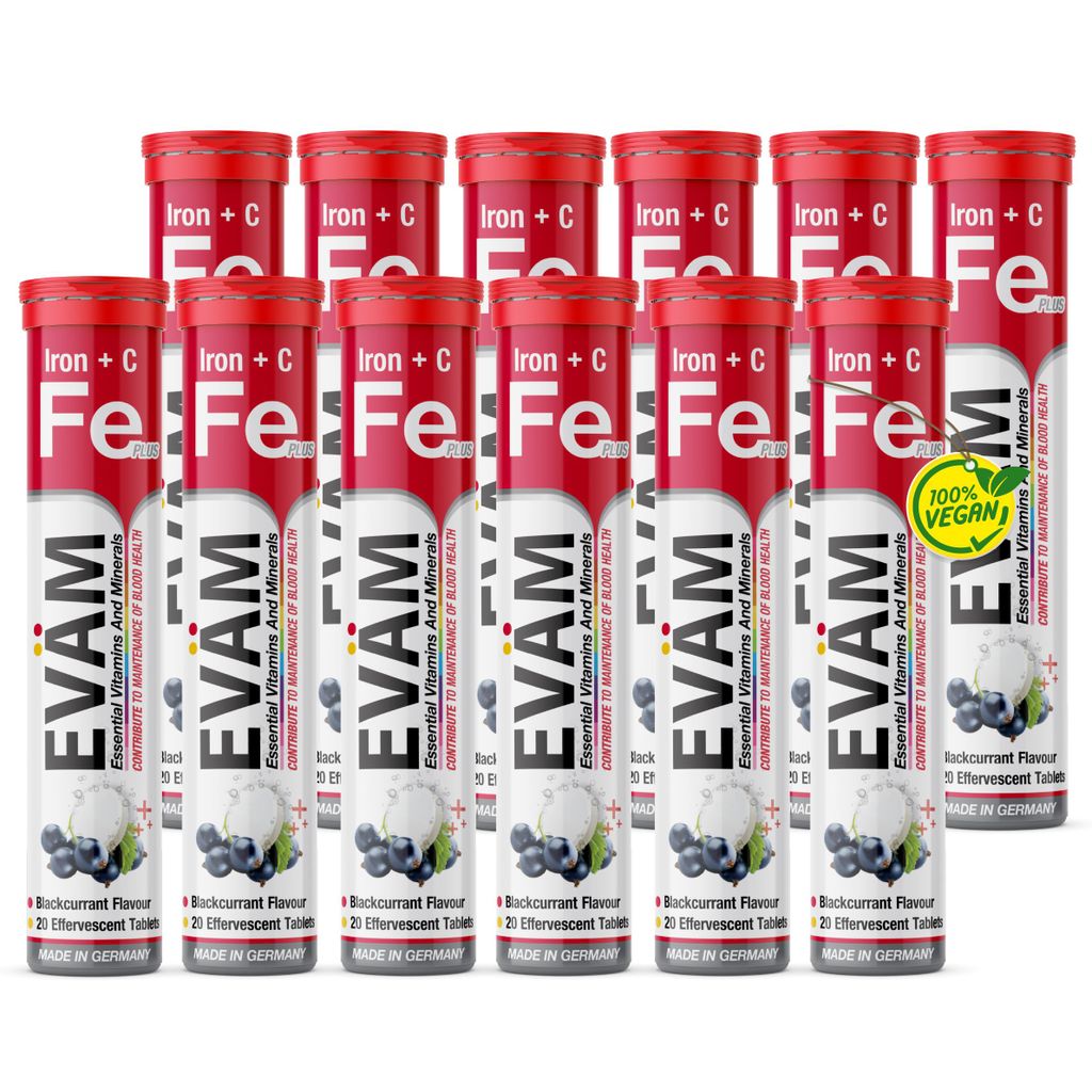 EVÄM Eisen + Vitamin C Brausetabletten, bei Müdigkeit & Ermüdung, Vegan, Zuckerfrei | schwarze Johannisbeere| 12x 20 Brausetabs Hergestellt in G...
