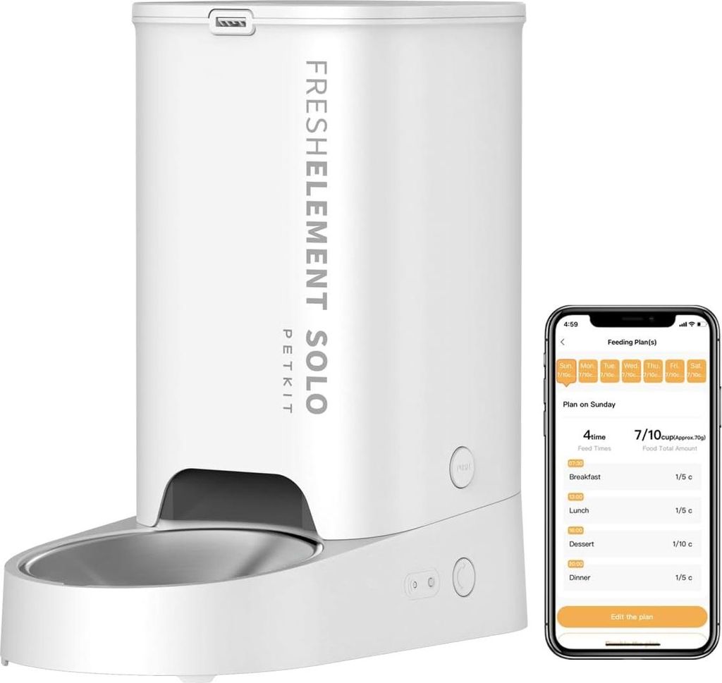 A white automatic pet feeder is shown next to a smartphone displaying a feeding schedule app.