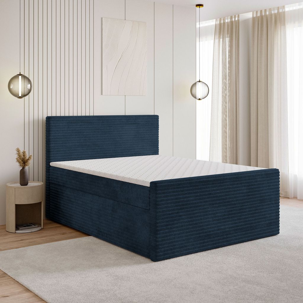 Masseno Boxspringbett NOLEN 160x200 cm Komplett-Set mit Bonell Matratze und Topper, Polsterbett mit Bettkästen -Blau, TILIA 77