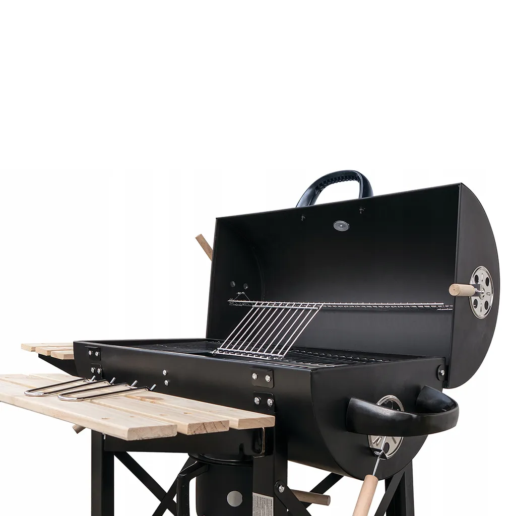 Barbecue à charbon roulant anti-fumée avec capot et rangement pratique