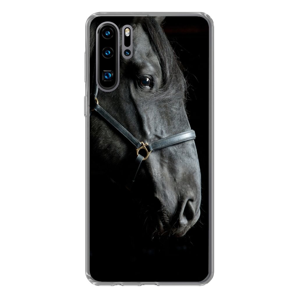 MuchoWow Handyhülle Schutzhülle Hülle für Huawei P30 Pro Pferd - Schwarz - Halfter Silikon Softcase Handy Hülle - Schutzdeckel