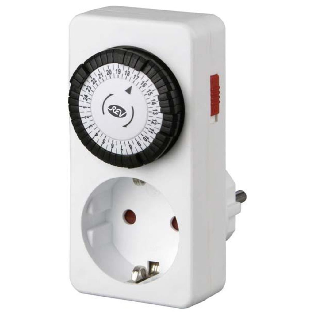 A white mechanical timer with a dial and a European-style socket.
