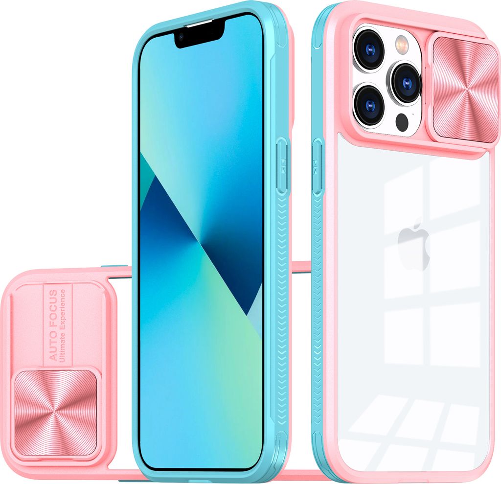 Hülle für iPhone 13 Pro Transparent TPU Bumper Schutzhülle mit Schiebe Kamera Schutz Pink
