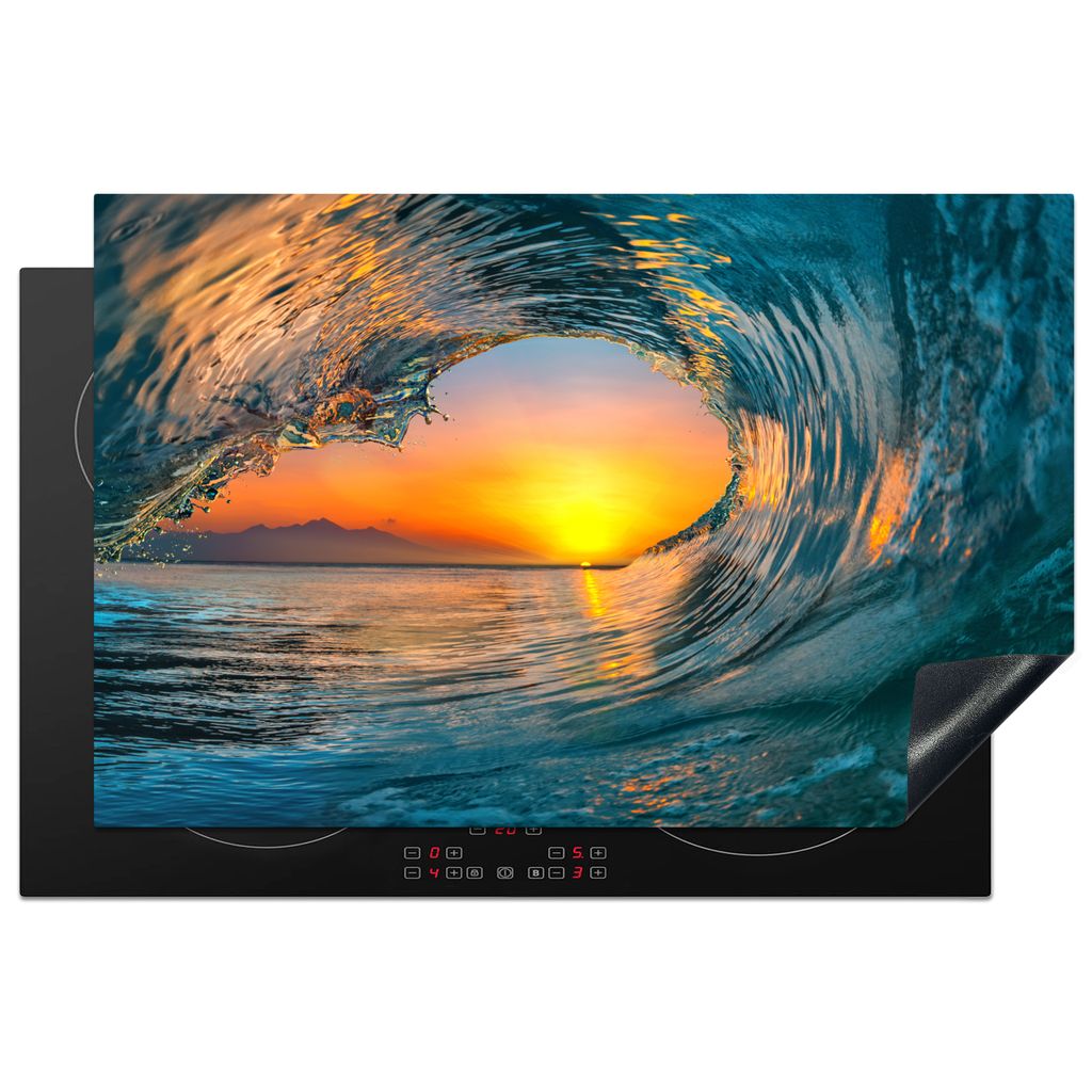 KitchenYeah Herdabdeckplatte Sonnenuntergang - Wasser - Welle - Orange , 80x52cm, Küche Deko, Glaskeramikkochfeld Herdabdeckung, Abdeckplatte f...