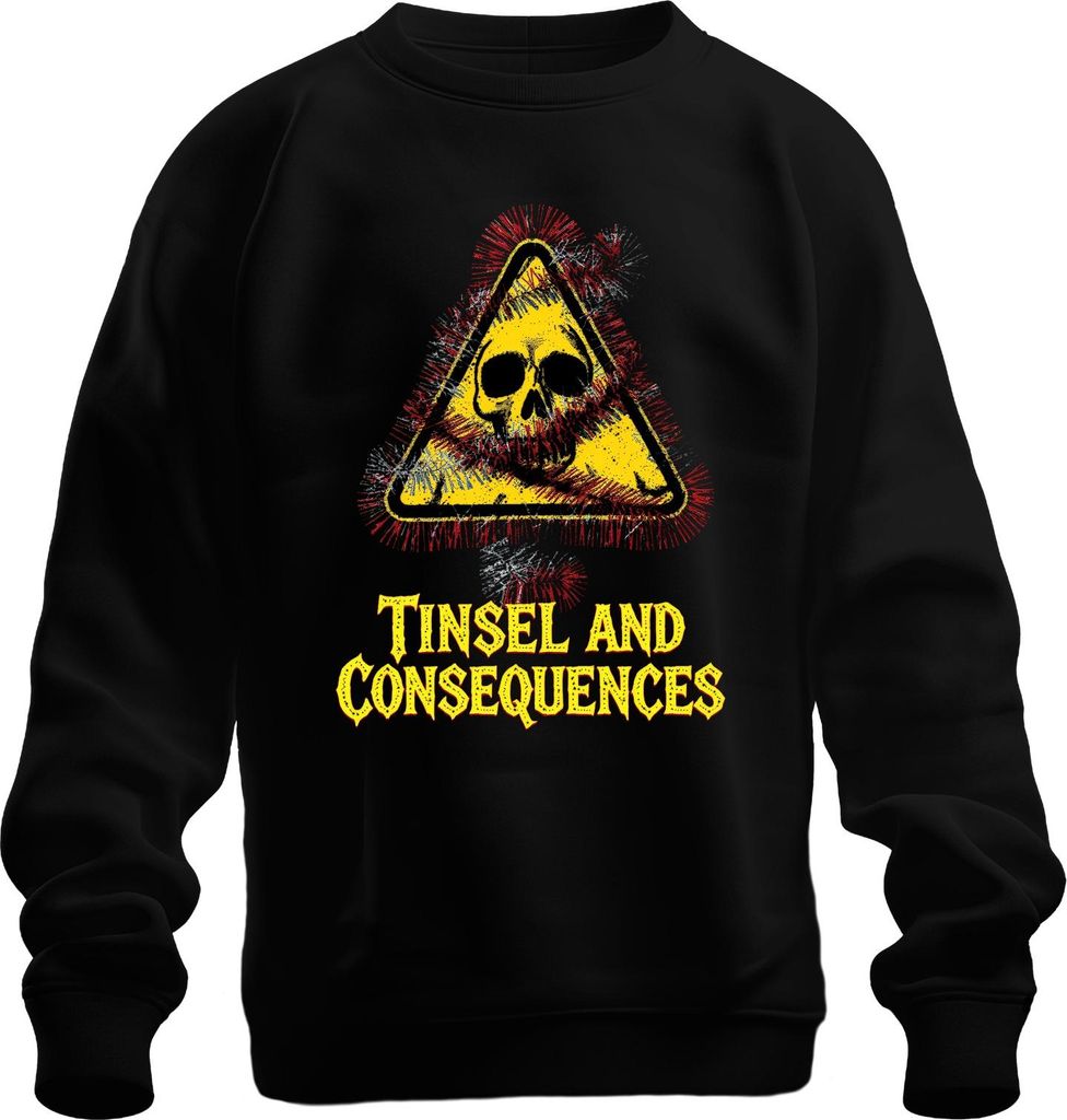 Tinsel and Consequences Totenkopf Lametta Warnschild Weihnachten Uni Sweatshirt Pullover, Schwarz, 3XL