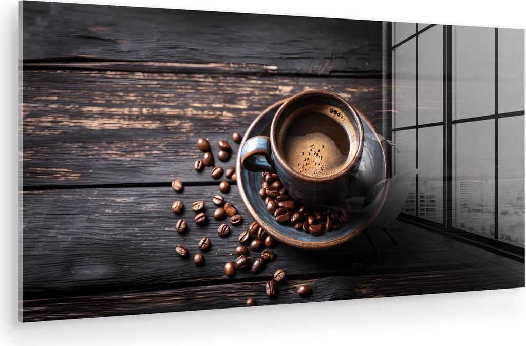 MuchoWow Glasbilder - Bilder auf Wandbild - Foto auf Glas Tasse - Kaffee - Holz - Bohnen 120x60 cm Wanddekoration aus Glas - Acrylglasbild - Acrylb...