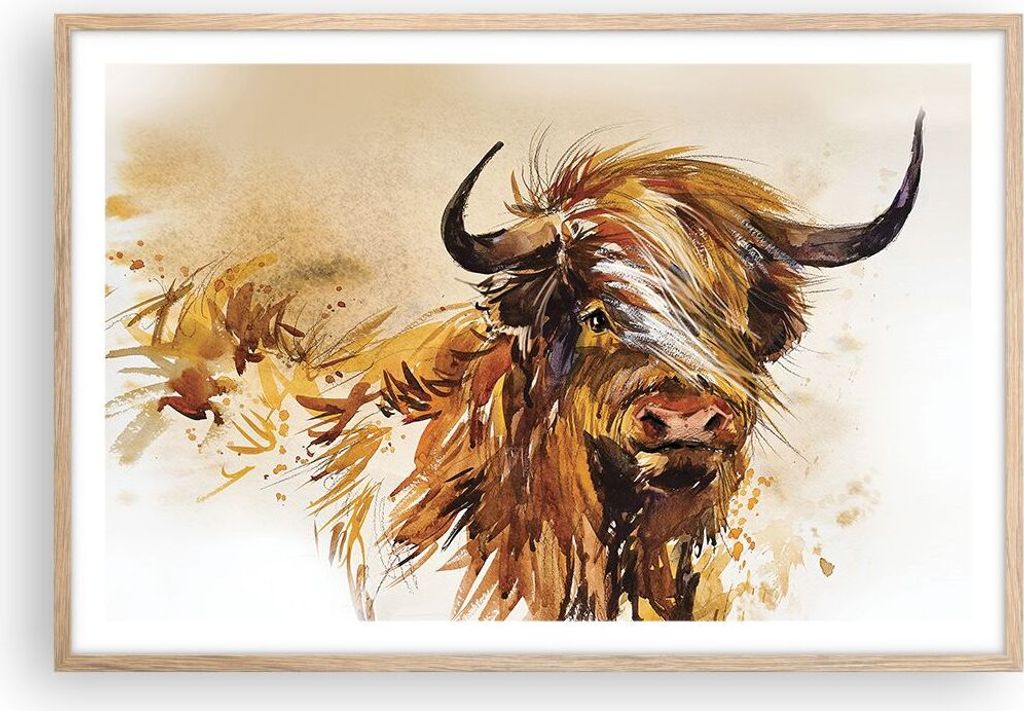 Gerahmtes Poster - Rahmen in heller Eiche - Stier Scotch Aquarell - 91,5x61 cm - Wand Bild - Wanddeko - Wandbilder - Kunstposter - Wandposter - Bil...