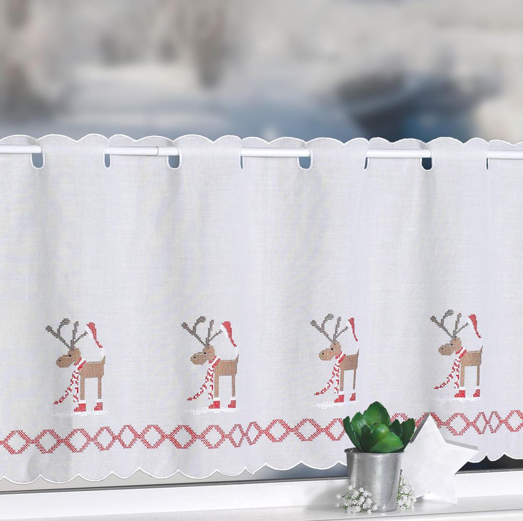 heimtexland Scheibengardine Landhaus Elch Stickerei Gardine Weihnachten Deko Weihnachtsgardine Batist bestickt Fentserdekoration Typ507 HxB 45 x...