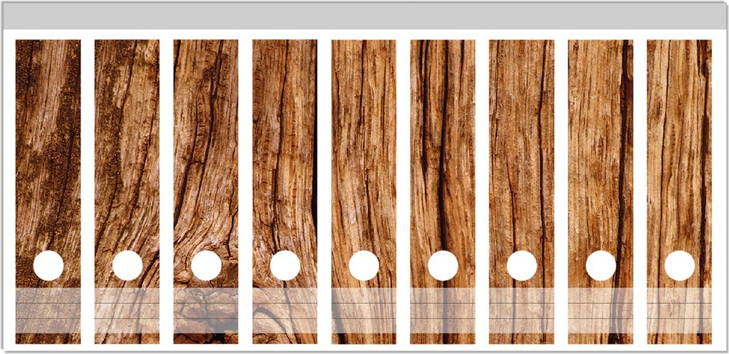 Wallario Ordnerrücken Sticker, selbstklebend für breite Ordner, 9 Stück, Motiv Holzstamm mit Asteinschluss