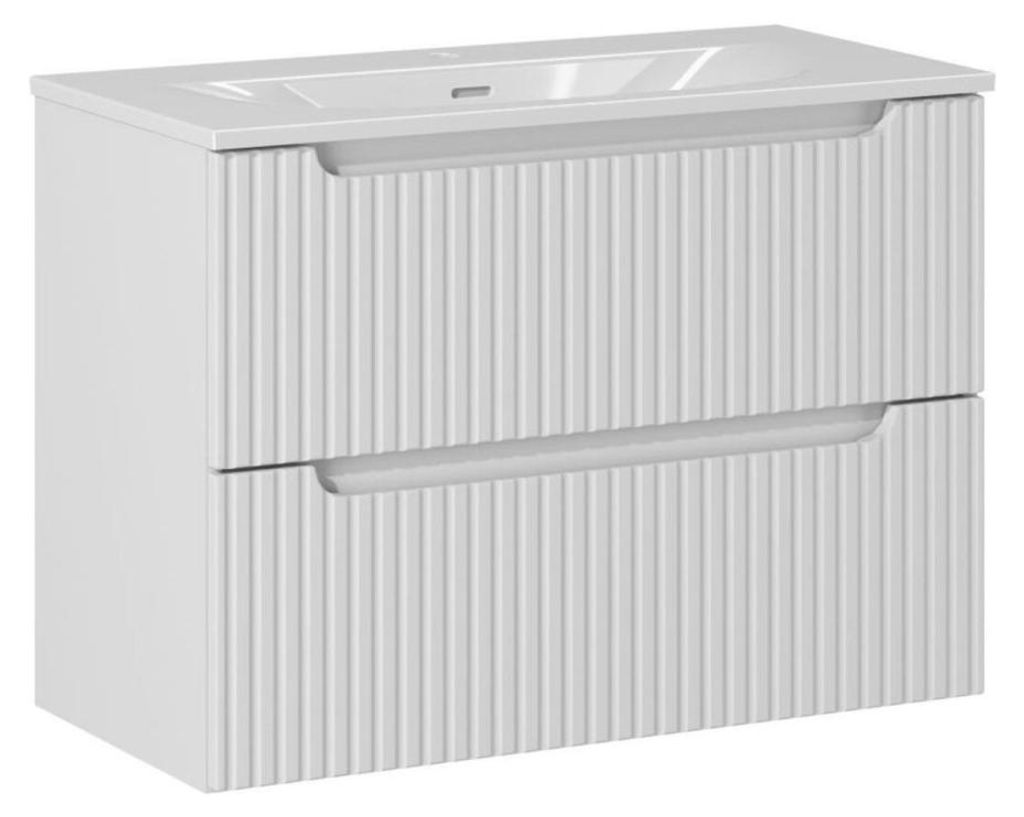 Wandhängendes Badezimmer-Set VANO weiß 80cm: Unterschrank mit gerillten Schubladen + eingelassenes weißes Waschbecken