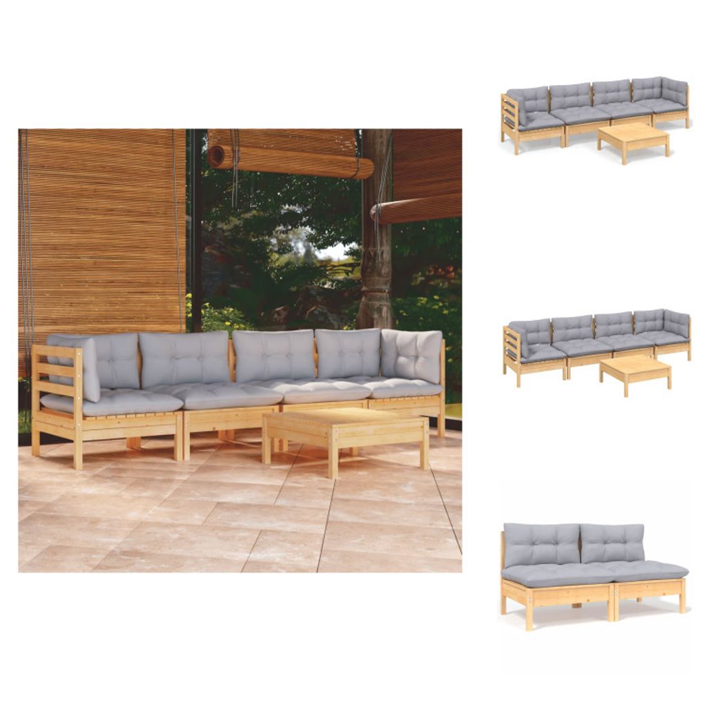 vidaXL 5-tlg. Garten-Lounge-Set mit Grauen Kissen Kiefer Massivholz - Gartenmöbel-Sets