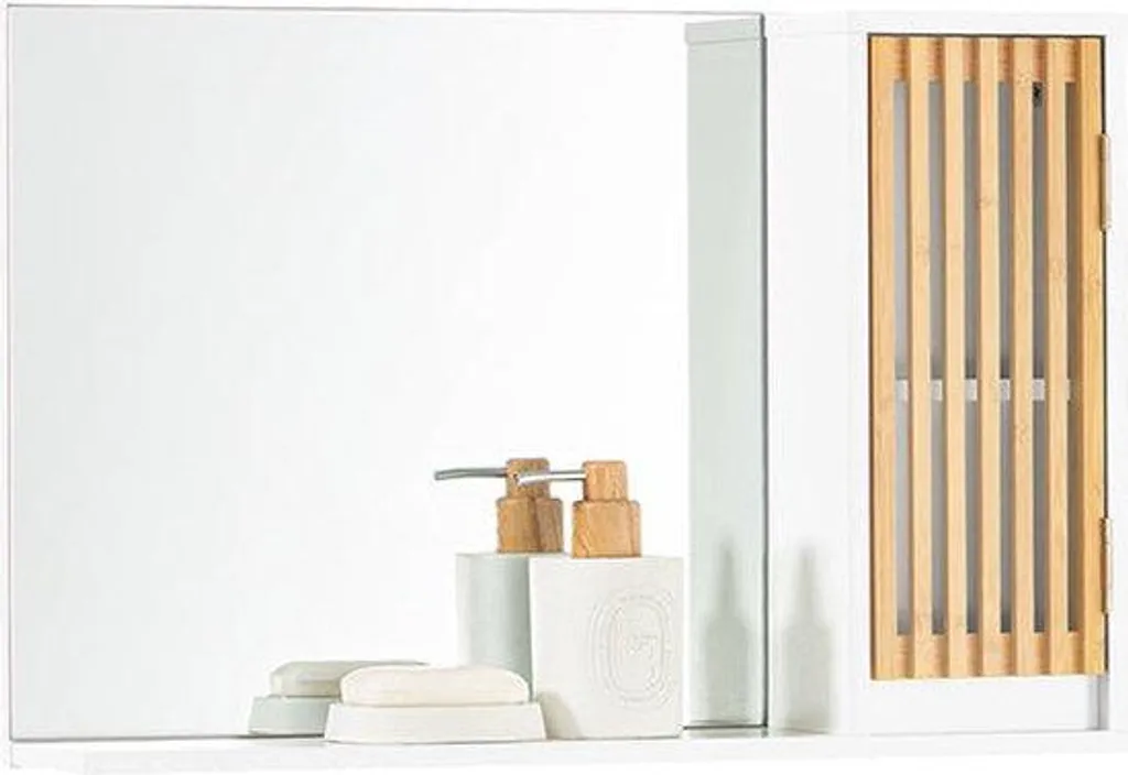 Rangement mural pour petite salle de bain avec miroir et porte bambou