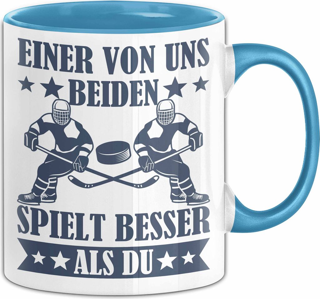 Eishockey Tasse Geschenk Spruch Für Gitarren-Spieler Einer Von Uns Beiden Spielt Besser Als Du Becher (Blau)
