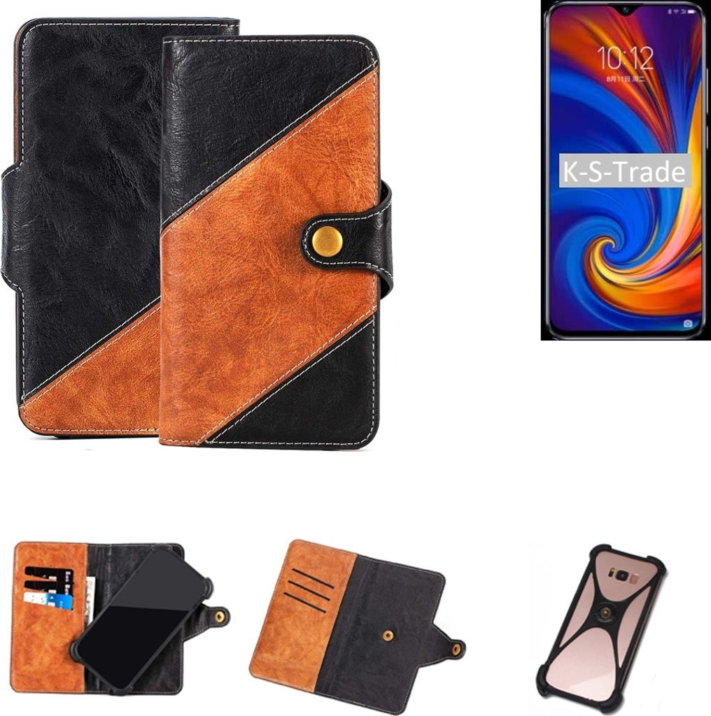 K-S-Trade Handyhülle Schutzhülle Bookstyle Case Wallet-Case kompatibel mit Lenovo Z5s Handy Cover Bumper Klapphülle schwarz hellbraun 1x