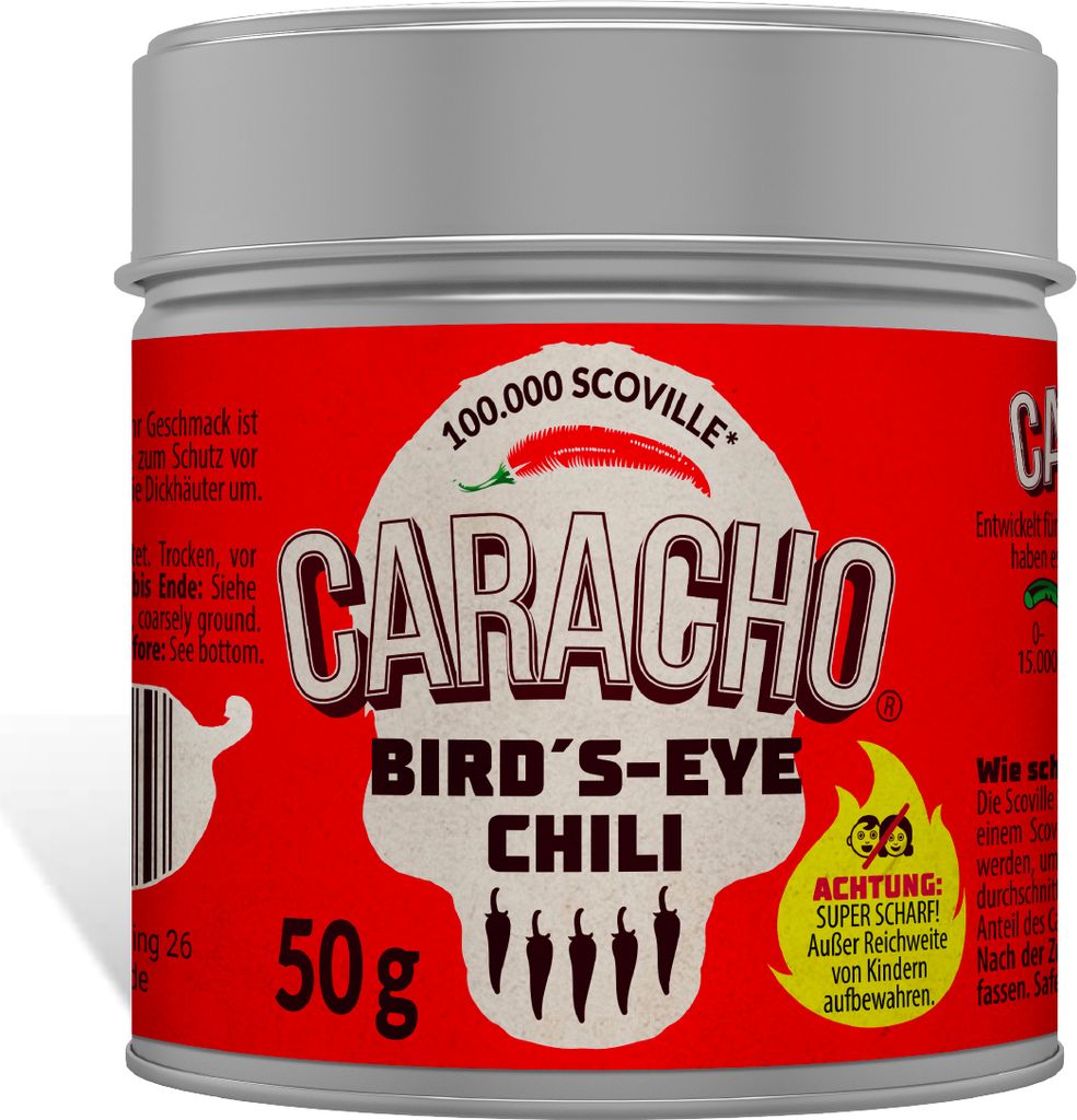 CARACHO 50g Bird Eye Chiliflocken - 100% Extrem Scharf - Chillipulver in Metal Gewürz Dose/Scoville: 100.000-200.000 / Chili Spezialität