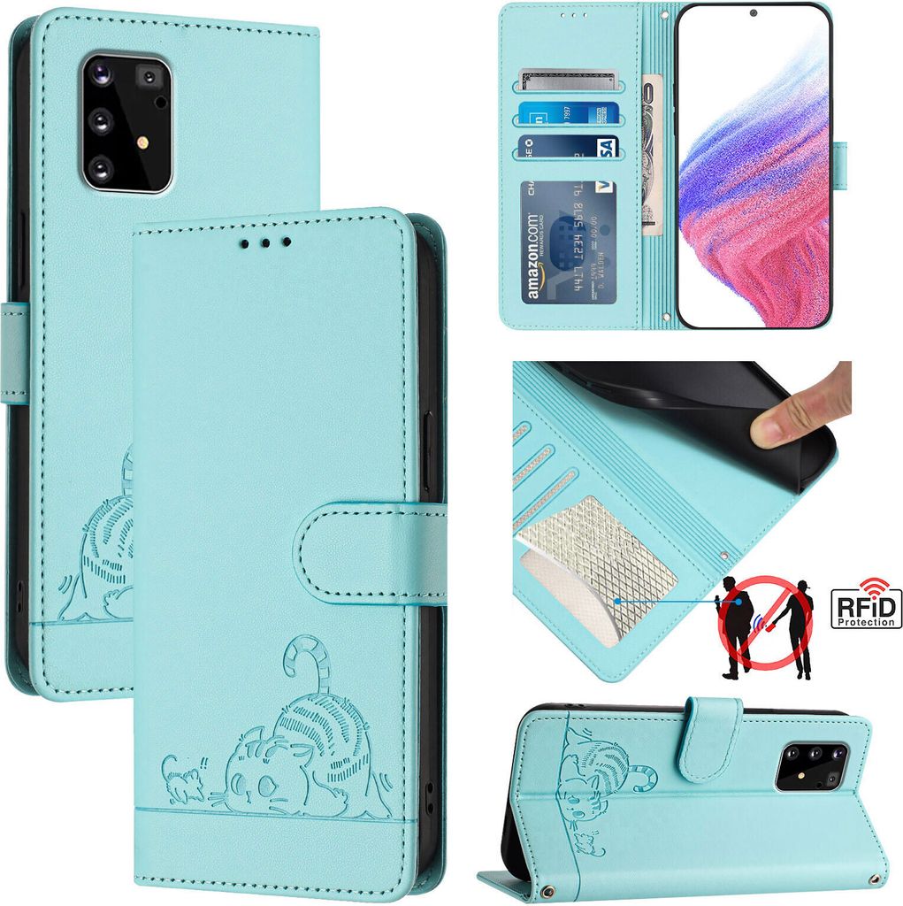 Leder Hülle für Samsung Galaxy S10 Lite Süße Katze Flip Case Brieftasche Schutzhülle mit Standfunktion hellgrün