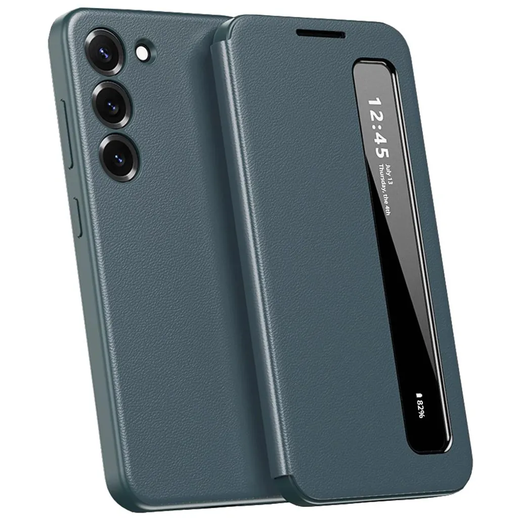 Custodia in Finto cuoio per Samsung Galaxy S23+, custodia intelligente per telefono cellulare con finestra laterale intelligente verde