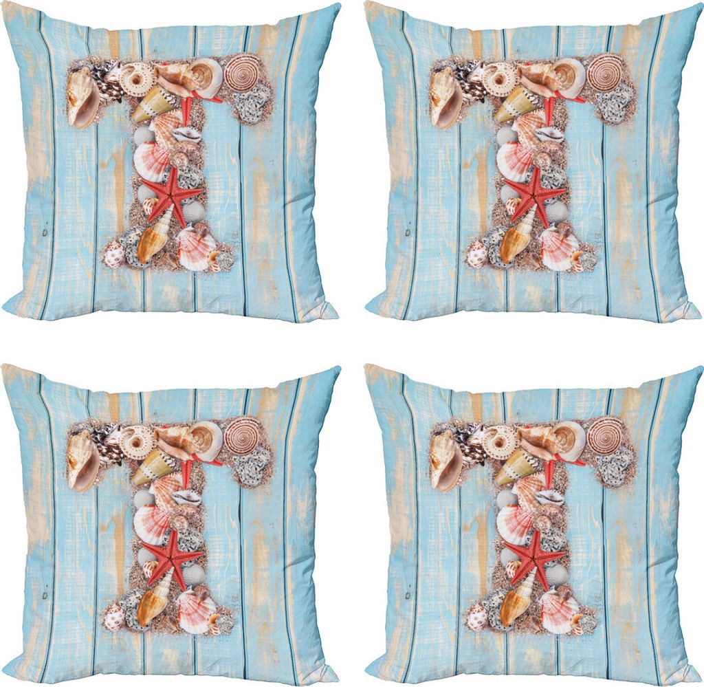 ABAKUHAUS Buchstabe T Kissenbezug Set (4 Stück), Marine T Invertebrates, Moderner Doppelseitiger Digitaldruck, 60 cm x 60 cm, Dunkle Coral Blassblau