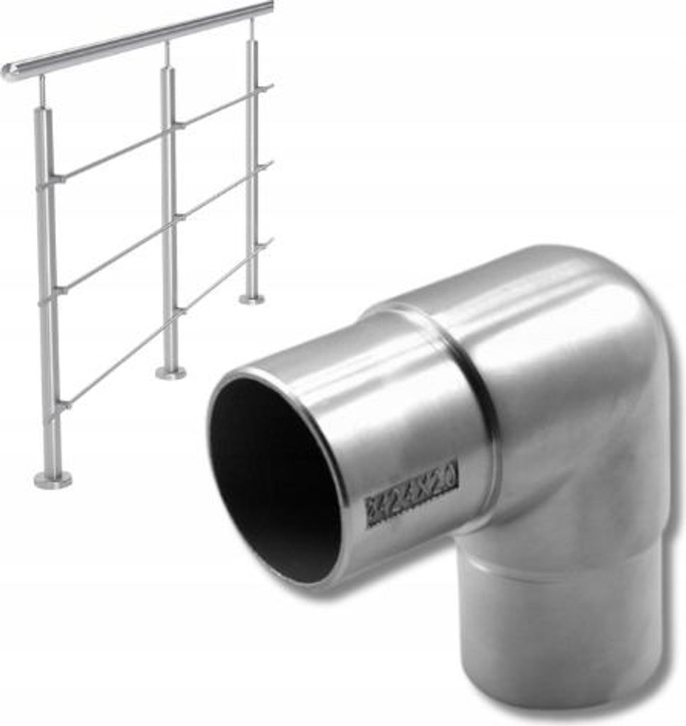 A stainless steel railing component and a 90-degree elbow connector for a railing system.