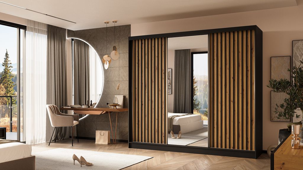 ALTDECOR Kleiderschrank mit Spiegel und Schiebetüren, kugelgelagerte Führungsschienen und Aluminium-Leisten - LAMELO - 240 cm - Schwarz/Artisan/S...