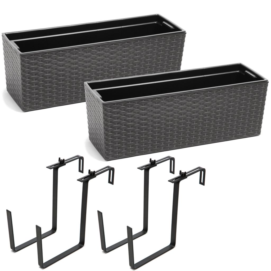 2 Stück Blumenkasten Balkonkasten Geländerkasten Blumentopf Balkontopf \ Halterung Metall \ Graphit rattan 56 x15x19 cm Blumenkasten