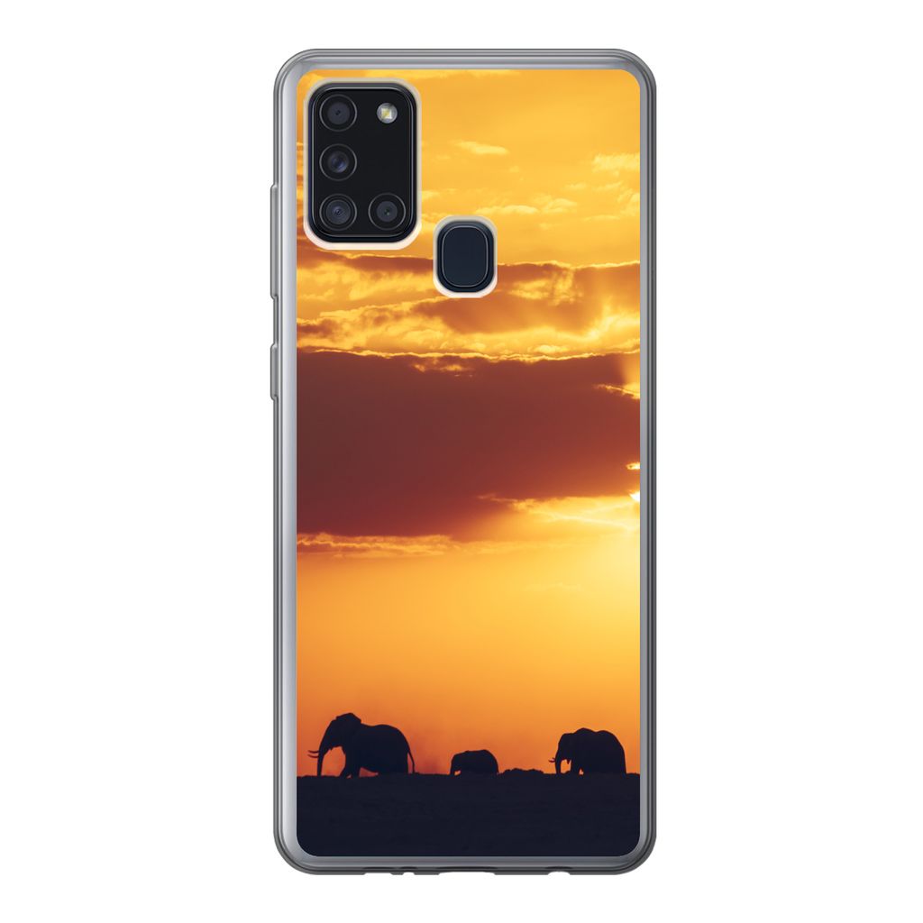 MuchoWow Handyhülle Schutzhülle Hülle für Samsung Galaxy A21s Elefanten - Horizont - Sonnenuntergang - Tiere Silikon Softcase Handy Hülle - ...