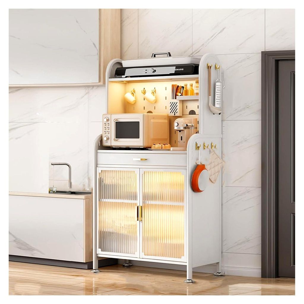 Küchenschrank mit Klapptür und Stecktafel, große Regale mit Haken, 4-stöckig, freistehend, Bäckerregal für Garage, Speisekammer, Küche, Zuhause
