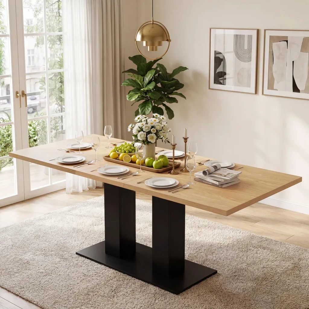 Table extensible pour cuisine et séjour, 140 à 180 cm, bois naturel