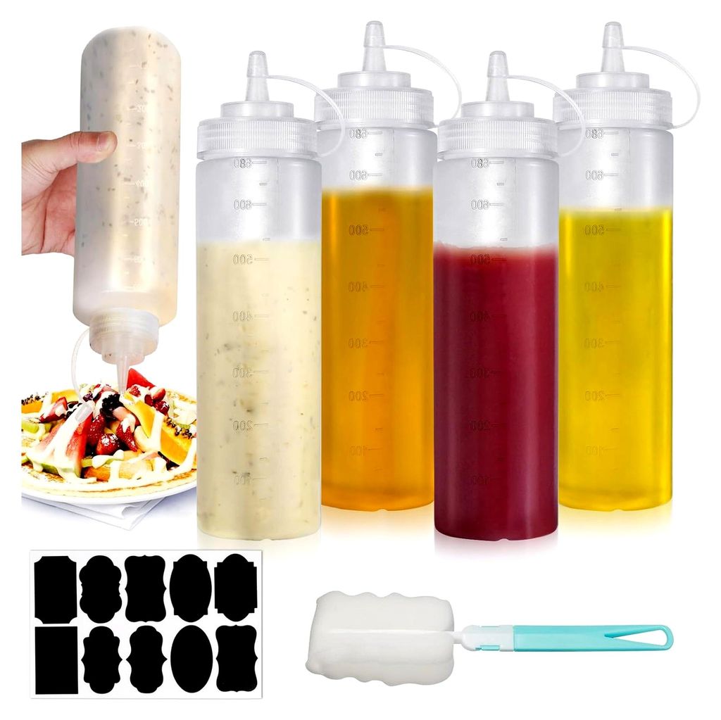 4 Stück Quetschflaschen 680ml, 24oz mit Kappen, auslaufsichere Saucenflaschen, Kunststoff-Condiment-Flaschen mit Reinigungsbürste für Ketchup, s...