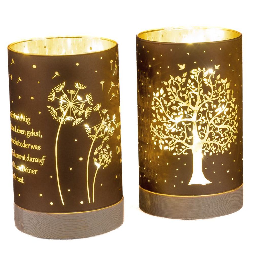 2er Set Dekolicht LED Pusteblume und Baum mit Spruch und Timer 15cm Stimmungslicht