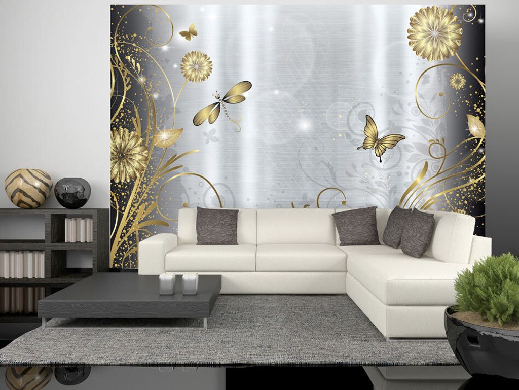 Vlies Fototapete Abstrakt 400x280 cm Tapeten Wandtapete XXL Ornament Schmetterling Blumen Blätter silber gold 10110901-21