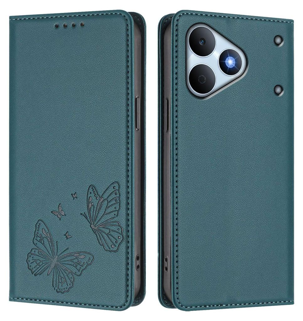 Lederhülle für Realme Note 80, Schmetterling Prägung Leder Brieftasche Schutzhülle mit Ständer Grün
