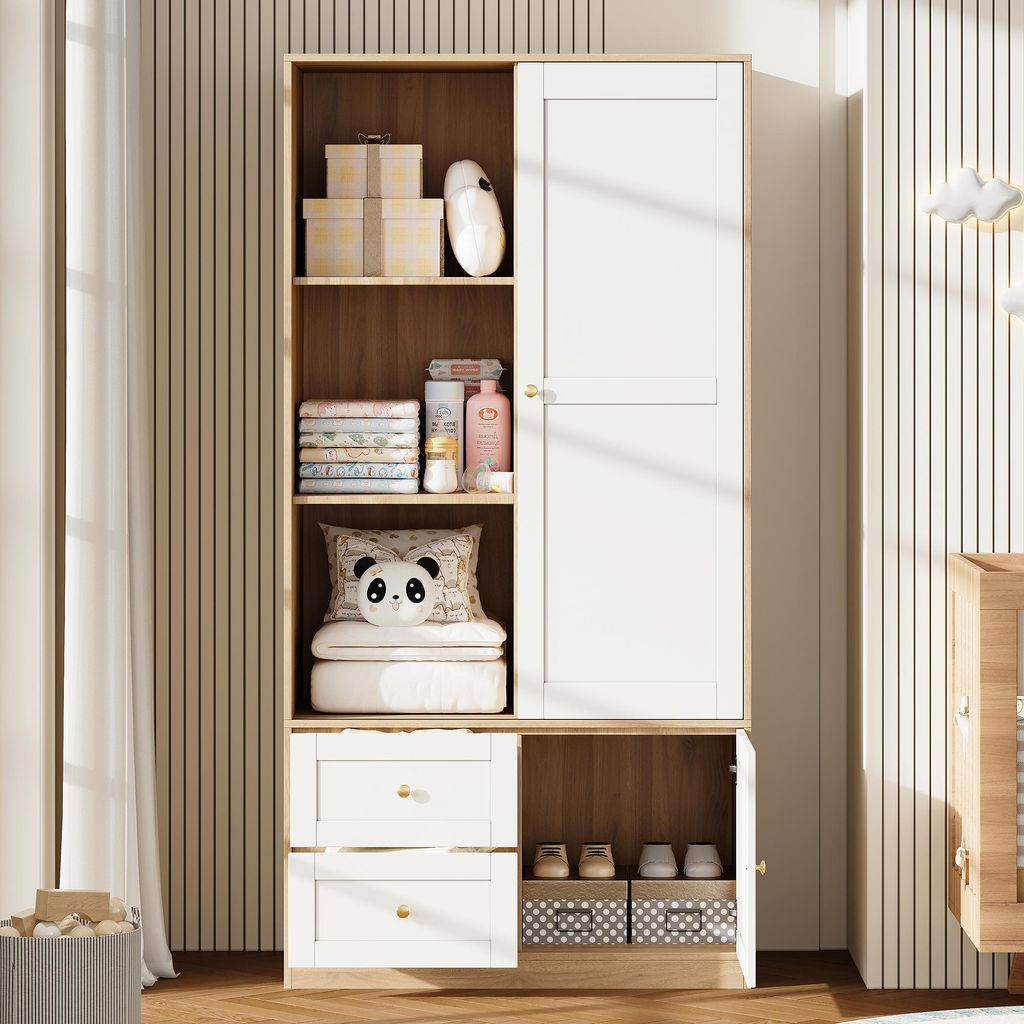 Schwebe- & Schiebetürenschrank mit Schubladen & Kleiderstange 90x180x50 cm Kleiderschrank Weiß & Holz-Optik Moderner Schlafzimmerschrank