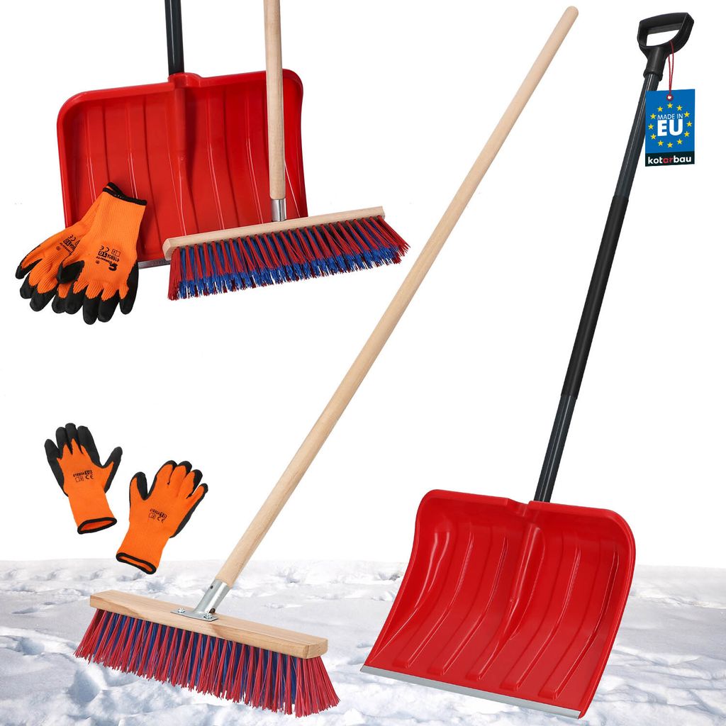 KOTARBAU Set Schneeschaufel mit Metallstiel 133 cm Straßenbesen 43 cm + Handschuhe Schneeschieber Snow Shovel Schneeräumer Gartenbesen mit Stie...