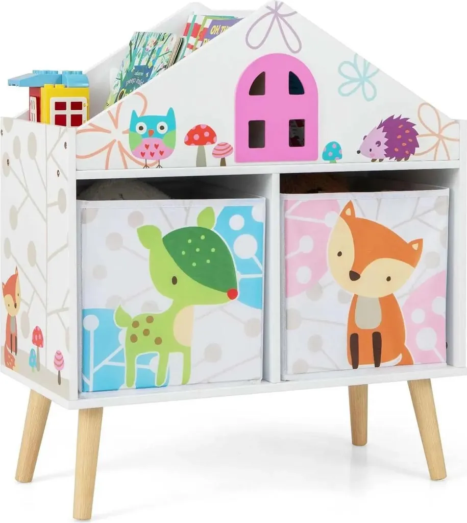 Étagère à livres pour enfant en bois blanc avec bacs de rangement amovibles