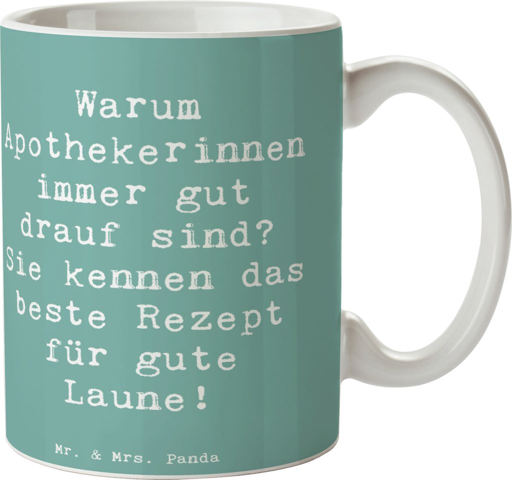 Mr. & Mrs. Panda Tasse Spruch Glückliche Apothekerin - Meeresbrise - Geschenk, Becher, Geschenktasse, Bürotasse, Geschenke mit Herz, Gesundheit, ...
