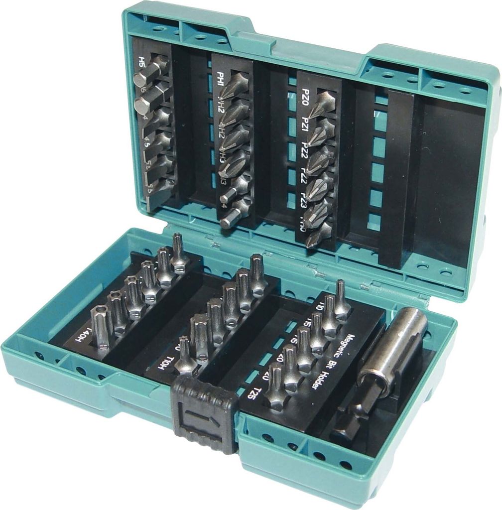 A teal and black bit set case with various bits inside.