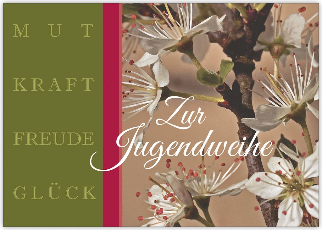 4x Elegante Jugendweihe Glückwunschkarte: Mut, Kraft, Freude, Glück zur Jugendweihe