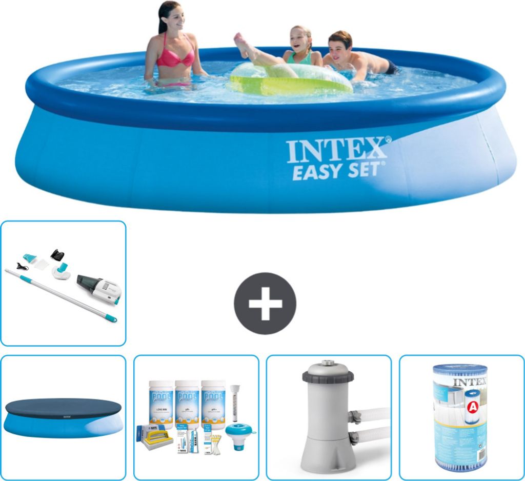 Intex runder aufblasbarer Easy Set-Pool – 396 x 84 cm – Blau – im Lieferumfang enthalten Abdeckung - Wartungspaket - Filterpumpe für Schwimm...