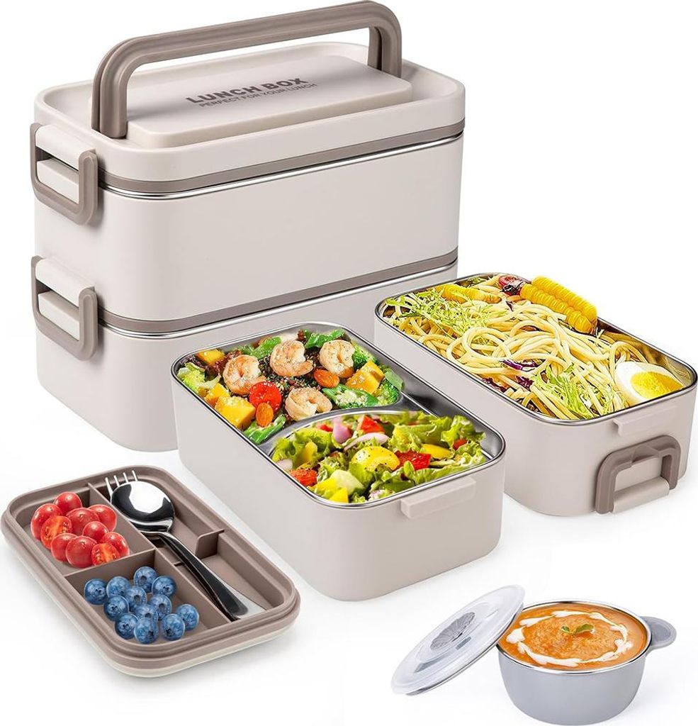 Stapelbare Bento-Box für Zuhause, stapelbare Lunchbox mit 71 oz, 3-lagige tragbare auslaufsichere Lunchbox aus Edelstahl, Lunchable-Snackbox mit 4...