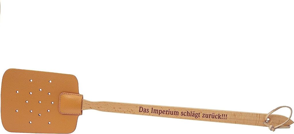 Neustanlo - Fliegenklatsche aus Holz und Leder - mit Spruch Das Imperium schlägt zurück!!! - extra stark - mit Holzstiel und Lederband - 47,5 cm