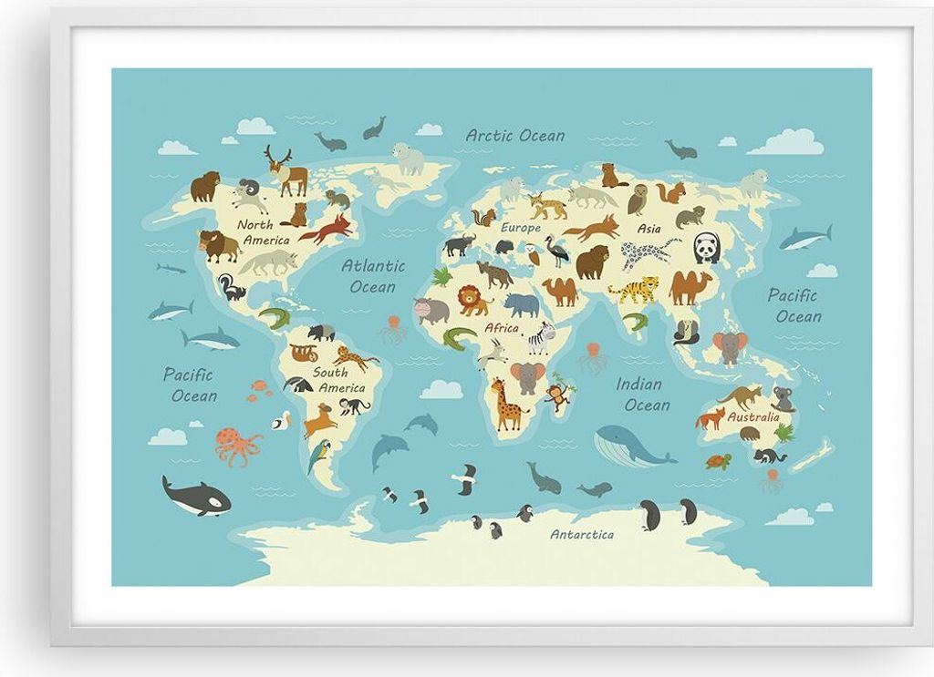 Gerahmtes Poster - Weißer Rahmen - Tiere die Welt Karte - 70x50 cm - Wand Bild - Wanddeko - Wandbilder - Kunstposter - Wandposter - Bilderrahmen -...