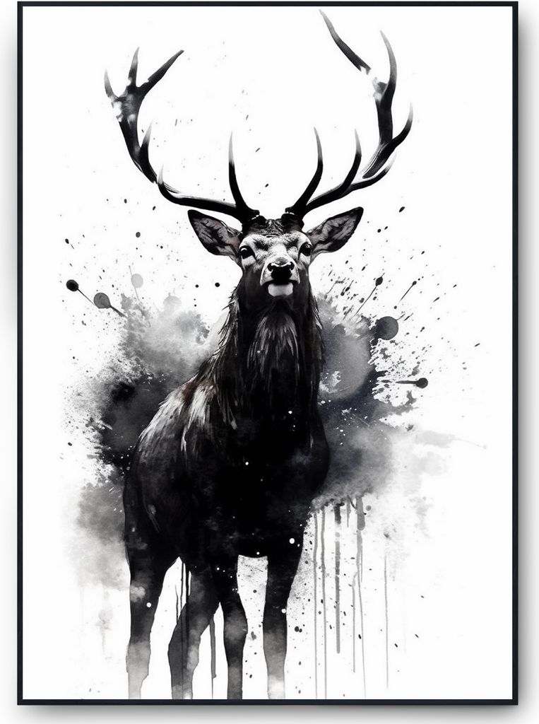 Hirsch Wanddeko Kunstdruck Natur Hirsch Wandbild Wandposter Wohnzimmer Tiere Schwarz Weiß – DIN A4 mit Rahmen | Schwarz