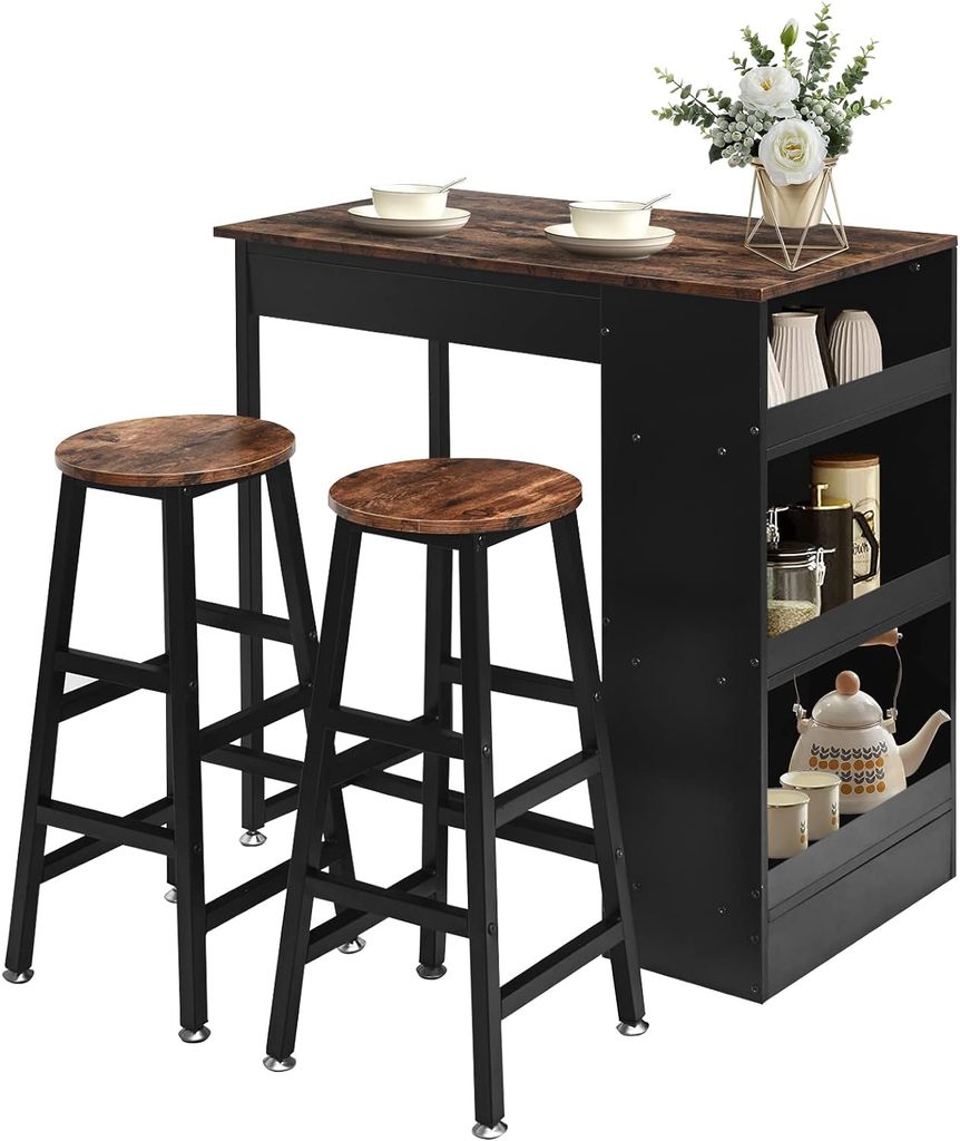 Bartisch Set 3-Teilig, Thekentisch mit 2 Barhockern & 3 Ablagen, Esstisch & Hocker mit Metallrahmen, Essgruppe für 2 Personen, Industriedesign, Vi...