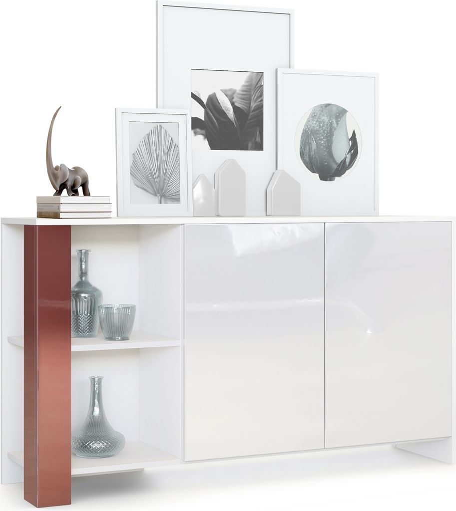 Vladon Sideboard Canto, Germany, lange Anrichte mit 2 Türen und 6 Fächern, Korpus Weiß matt, Fronten Weiß Hochglanz, Nachbildung-Paneele Bordea...