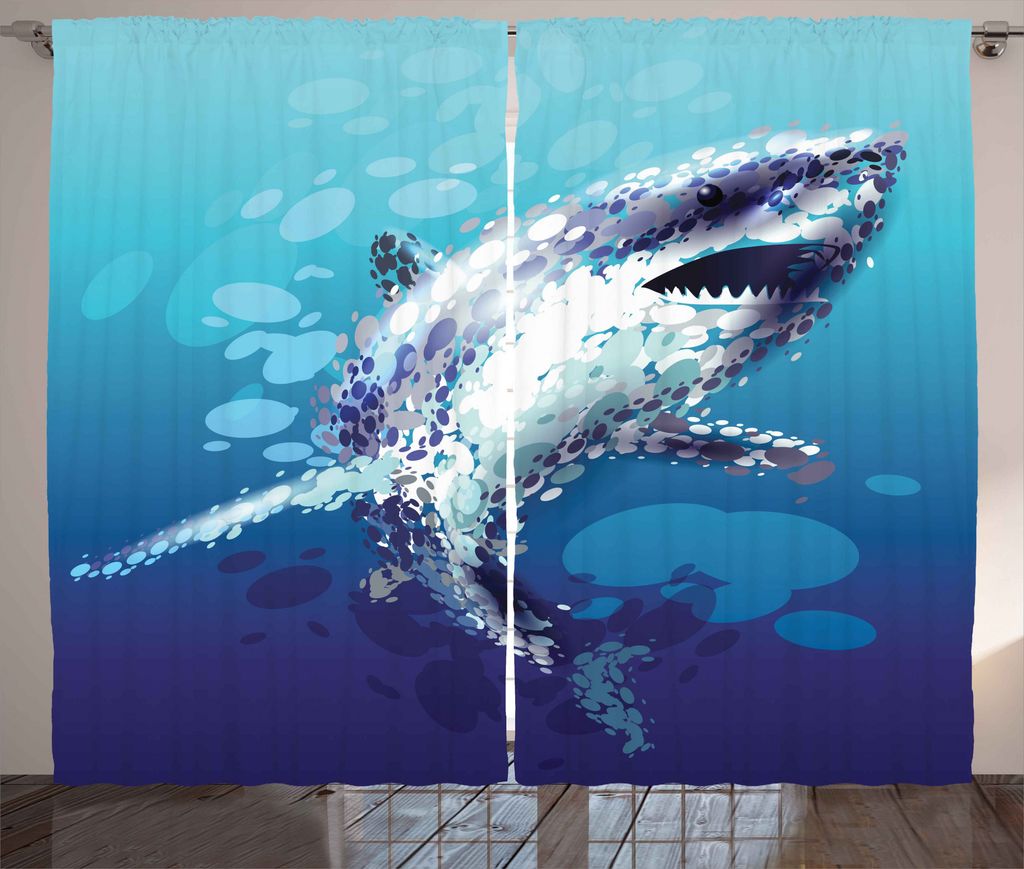 ABAKUHAUS Blau Rustikaler Gardine, Shark Oceanlife Tier, Schlafzimmer Kräuselband Vorhang mit Schlaufen und Haken, 280 x 175 cm, Blau grau