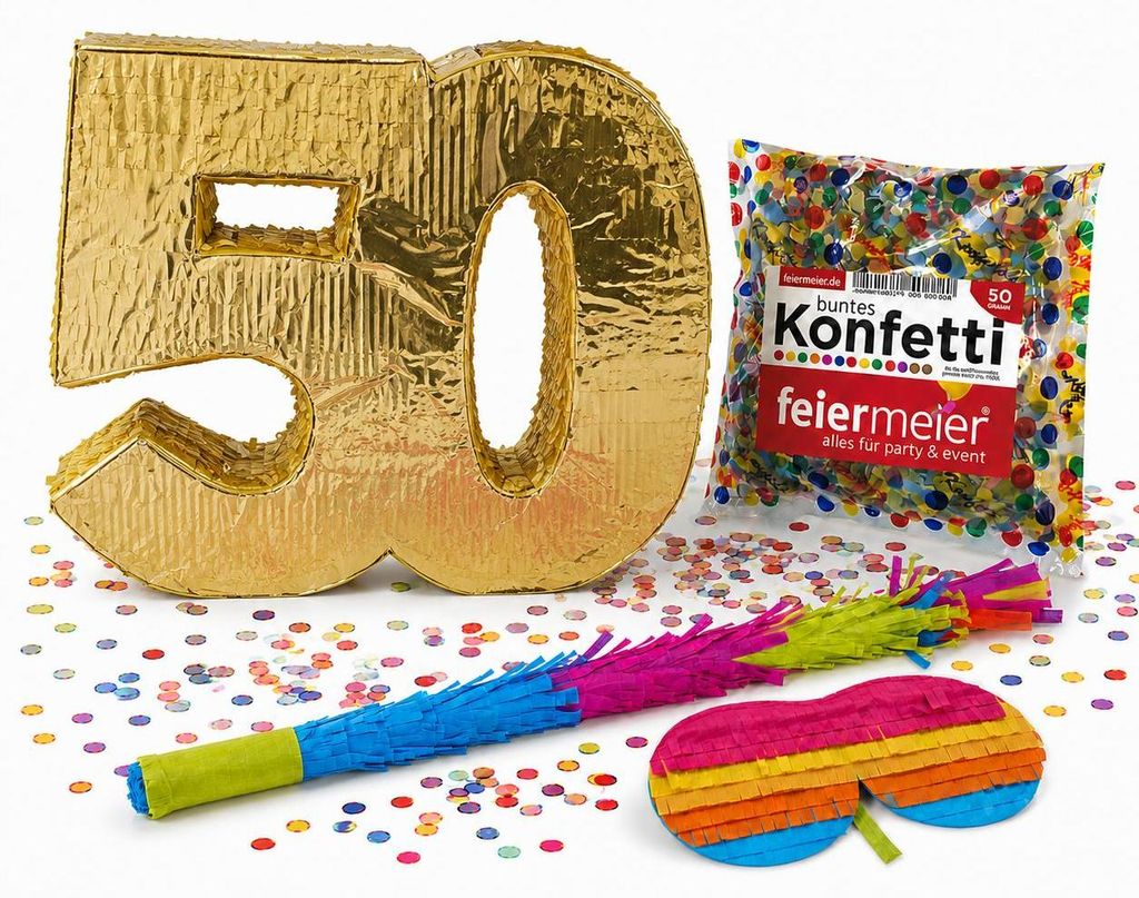 Pinata-Set | 4-tlg. mit Augenmaske, Schlagstock und Konfetti Farbe: "Goldene 50" | 50x40x10cm