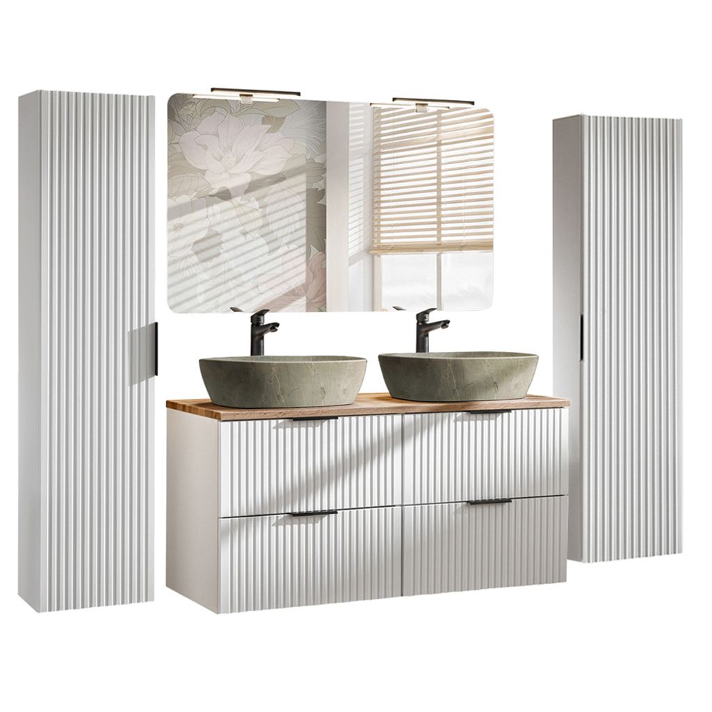 A modern bathroom vanity set with double sinks, mirror, and two tall cabinets, presented against a white background.