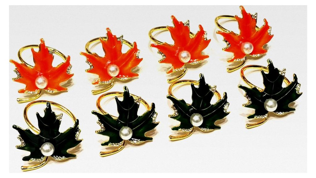 Set mit 8 Serviettenringen in Form von Ahornblättern in Orange und Grün, Halter mit künstlicher Birne für Herbst, Erntedankfest, Bankett, Party...