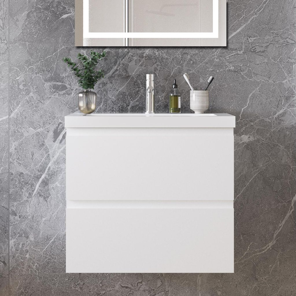 60 cm Badmöbel-Set Unterschrank mit Mineralguss waschtisch 2 Schubladen soft-close Weiß Matt Selbstmontierter